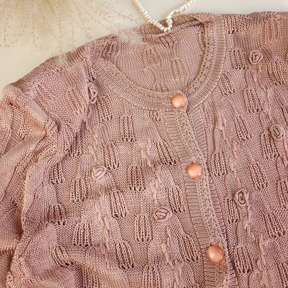 90s vintage silk pointelle embroidered knit cardigan dusty pink - Picture 11 of 13